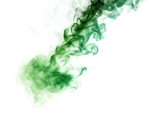 Swirling green smoke plume with light effects isolated on a transparent background
