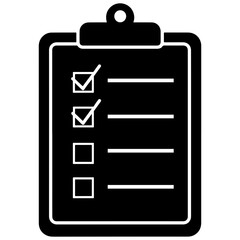 Flat Black Vector Silhouette Of A Checklist On Clipboard With Check Marks And Boxes, Office Stationery Symbol, Minimalist Document Illustration PNG