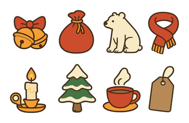 Charming winter icons featuring bells, bear, candle, and holiday elements