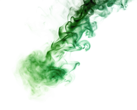 Swirling green smoke plume with light effects isolated on a transparent background