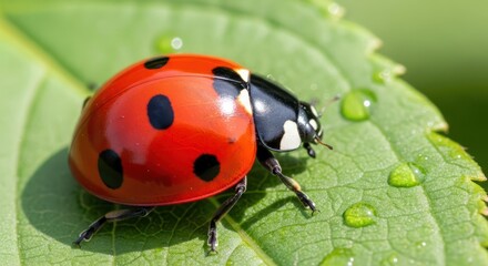 Naklejka premium Close-up of a ladybug on a green leaf with water droplets.