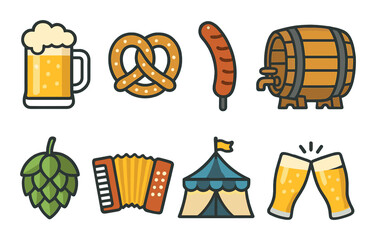 Oktoberfest icons: beer, pretzel, sausage, barrel, hop, accordion, tent, cheers