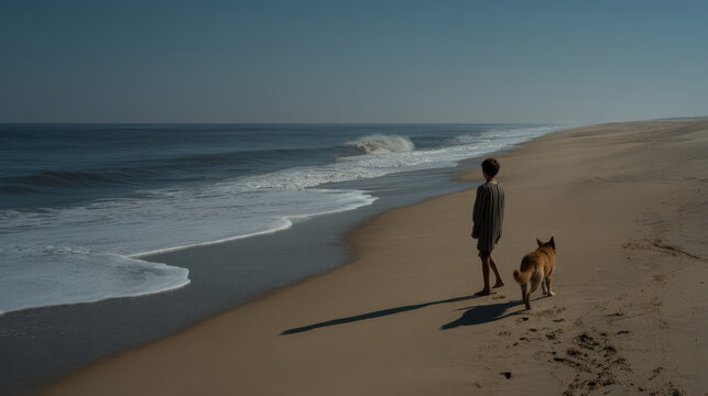 young boy waves goodbye to his loyal dog before leaving deserted beach bittersweet farewell