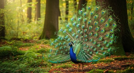 Obraz premium Magnificent Peacock Displaying Plumage in Lush Green Forest