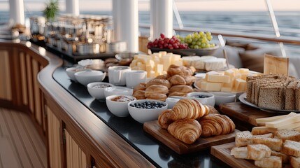 A table displays an assortment of fresh fruit, sparkling beverages, and flowers with a picturesque water view in the background