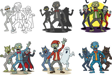 Halloween characters zombie vampire werewolf ghost mummy set, multiple art styles, spooky cartoon illustration, horror monster clipart, festive vector design, holiday themed artwork