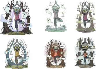 Cartoon zombie doing tree pose yoga, spooky undead character set, Halloween illustration design, funny horror art, ghost and candle background, vector clipart