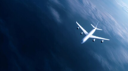 An airplane gliding smoothly through a serene blue sky. The powerful design showcases modern aviation. Perfect for travel enthusiasts and aviation lovers. Captivating and inspiring. AI