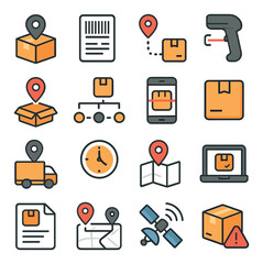 Modern package tracking icons featuring delivery, location, technology, and shipping concepts