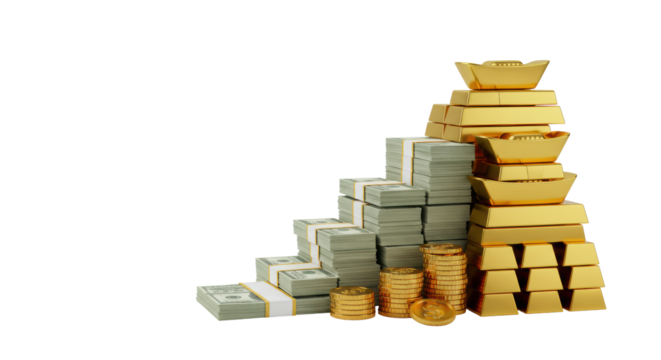 Pristine abstract structure of generic green currency stacks and gold coins forming a rising pyramid, against a transparent studio backdrop with copy space, concept of financial growth