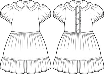 Flat vector illustration cad drawing of a fashionable dress with layered ruffled skirt and peter pan collar for a child.