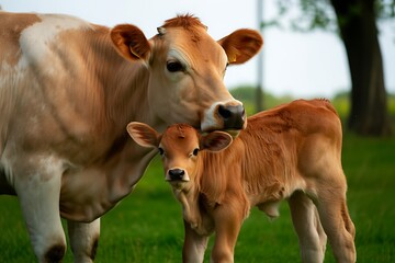 A jersey cow affectionately nuzzles her calf in a lush green pasture