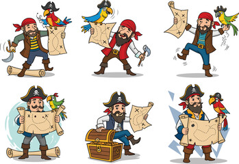 cartoon pirates with treasure maps and parrots, playful poses, skull hats, red bandanas, chests, scrolls, adventure nautical theme, colorful vector illustration set