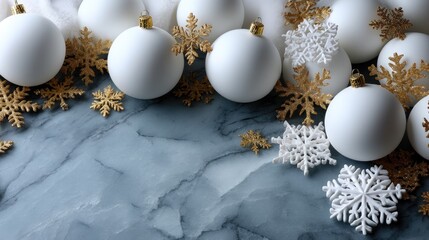 A collection of beautifully designed holiday ornaments in gold and white, showcasing intricate snowflake patterns for festive decor