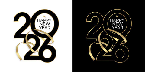 Number 2026 design with black and gold colors. Decorated with serpentine. Elegant style for your New Year's designs. Vector illustration.