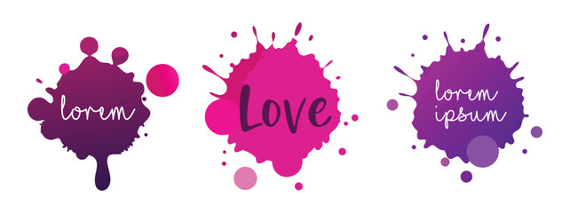 Paint Splatter. Love. Banner. A modern vector set of three colorful ink splash logos with text for a social media post, a t-shirt design, a sticker, or a creative brand identity element.
