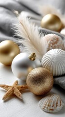 Colorful ornaments in gold, silver, and yellow surrounded by soft feathers and stars create a joyful holiday decoration display