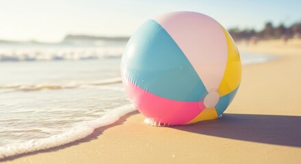 Obraz premium Colorful beach ball on the sandy shore near the ocean waves