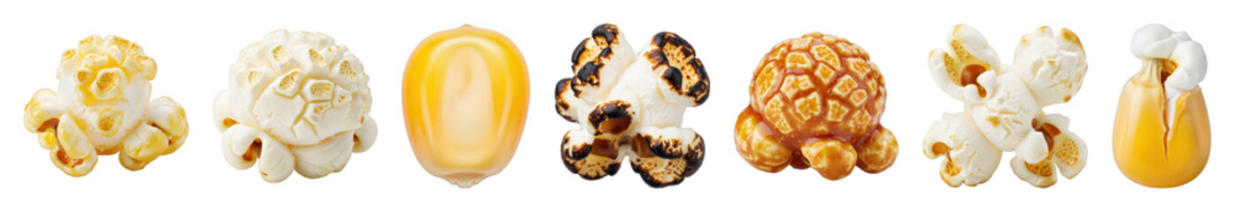 Fototapeta premium Popcorn set including kernels, popped, buttered, caramel, partially, and burnt pieces isolated. Snack food ingredients and stages.