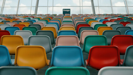 Fototapeta premium Rows of colorful plastic chairs in an auditorium seating