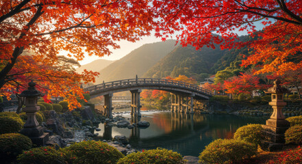 Fototapeta premium Serene japanese garden with a curved bridge amidst vibrant autumn foliage and sunlight