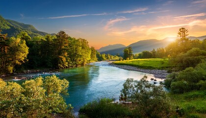 Fototapeta premium exploring serene riverbanks at sunset nature landscape photography lush environment tranquil viewpoint captivating scene