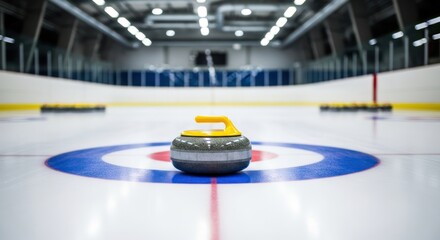Curling rock on ice at the target circle in arena