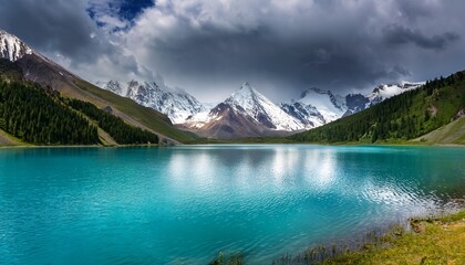 majestic turquoise lake reflecting snow capped mountains under a dramatic cloudy sky