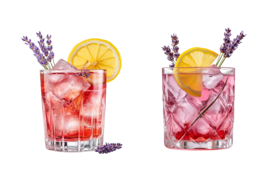 Vibrant pink sparkling cocktail with ice, lemon slice, and fresh lavender garnish in a glass on a transparent background. Elegant Cocktail Glass with Lavender and Lemon Slice PNG - Powered by Adobe