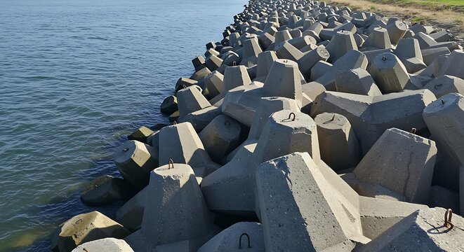 Concrete tetrapods forming a coastal breakwater.