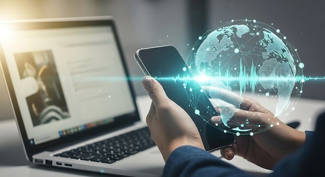 A person using a mobile phone with a digital globe and laptop in background