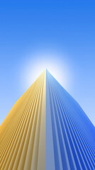 An upward perspective of modern high-rise architecture against a gradient blue sky, the composition uses of converging lines and gradients to guide the eye upwards. 