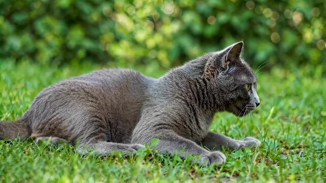 Alert short-haired grey cat crouching low in vibrant green grass, a beautiful feline enjoying a sunny outdoor garden.