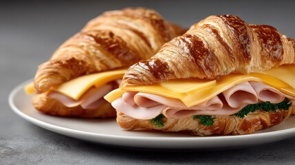 Tasty croissant filled with ham and egg paired with a glass of fresh orange juice, ideal for a simple breakfast or snack