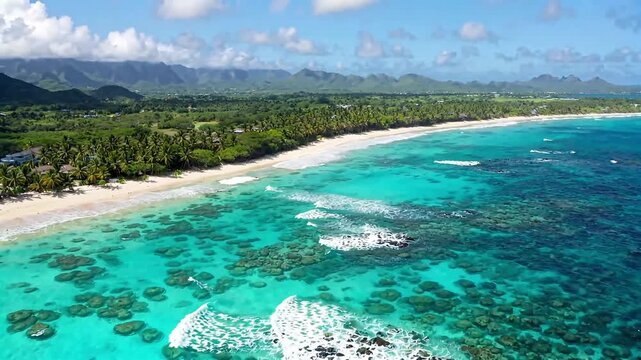 Breathtaking aerial view of a tropical paradise beach with vibrant turquoise ocean, white sand, palm trees, and coral reefs.
