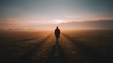 Fototapeta premium A solitary figure strolls along a path, bathed in the golden light of a tranquil sunrise over a misty plain.