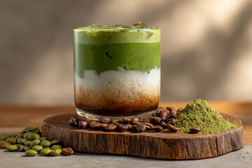 Layered matcha beverage with coffee and milk alternative on a wooden board with loose coffee beans.