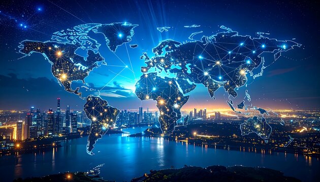 Digital world map with glowing connection points over city skyline and water at night