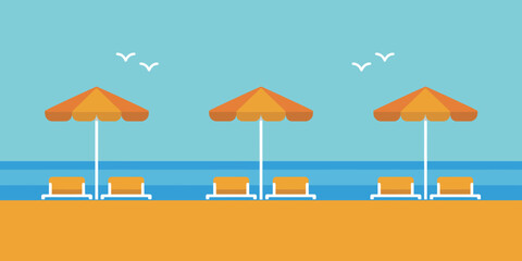 A minimalist beach scene with umbrellas, chairs, birds, and a calm sea under a clear blue sky design