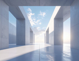 Minimalist modern architecture with large geometric concrete structures, open passages and clear sky. Bright sunlight creates sharp shadows, emphasizing clean lines and symmetry.