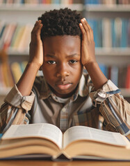 Thoughtful boy sitting at a desk with an open book, holding his head in concentration. Focused expression in a library setting, symbolizing study, learning and academic effort.