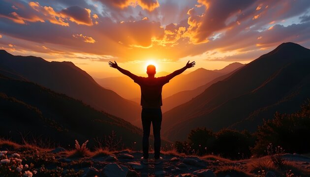 an individual standing on a mountain top during sunset