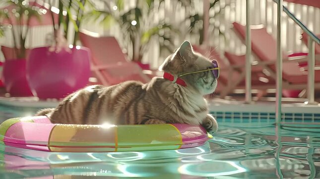Adorable tabby cat in cool sunglasses on a colorful float, relaxing in a sunny pink luxury resort swimming pool.