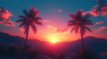 Obraz premium Sunset Palms Desert Mountain Landscape