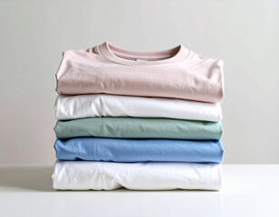 Stack of neatly folded cotton t-shirts in pastel and neutral tones on a white table. Minimalist fashion concept with casual clothing for wardrobe organization and clean lifestyle.