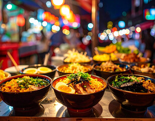 Delicious bowls of ramen noodles served at a vibrant night street food market. Rich toppings with eggs, vegetables, and meat, surrounded by colorful lights and lively atmosphere