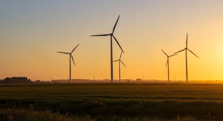 A stunning panoramic view of wind turbines silhouetted against a beautiful golden sunset sky, generating clean renewable energy in a rural landscape