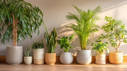 Fototapeta premium A row of vibrant houseplants in various decorative pots against a light beige wall, bathed in warm sunlight.