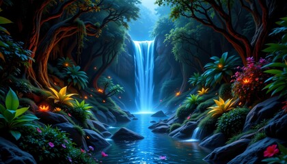 Obraz premium a serene jungle scene with a waterfall cascading into a rock pool