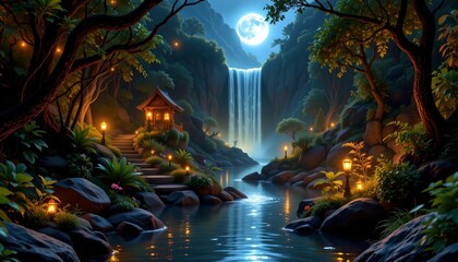 an enchanting nighttime scene in a forested area with a waterfall and a small village.